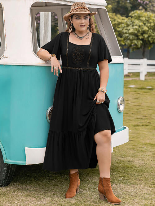 Plus Size Square Neck Short Sleeve Ruffle Hem Dress Black Midi Dresses JT's Designer Fashion