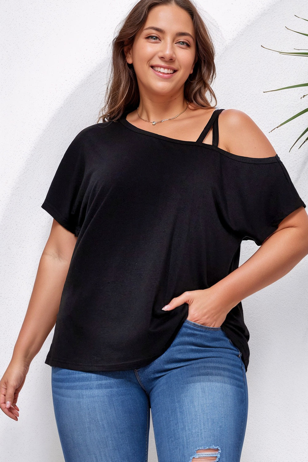 Black Strap Detail Asymmetric Shoulder Plus Size Top Plus Size JT's Designer Fashion