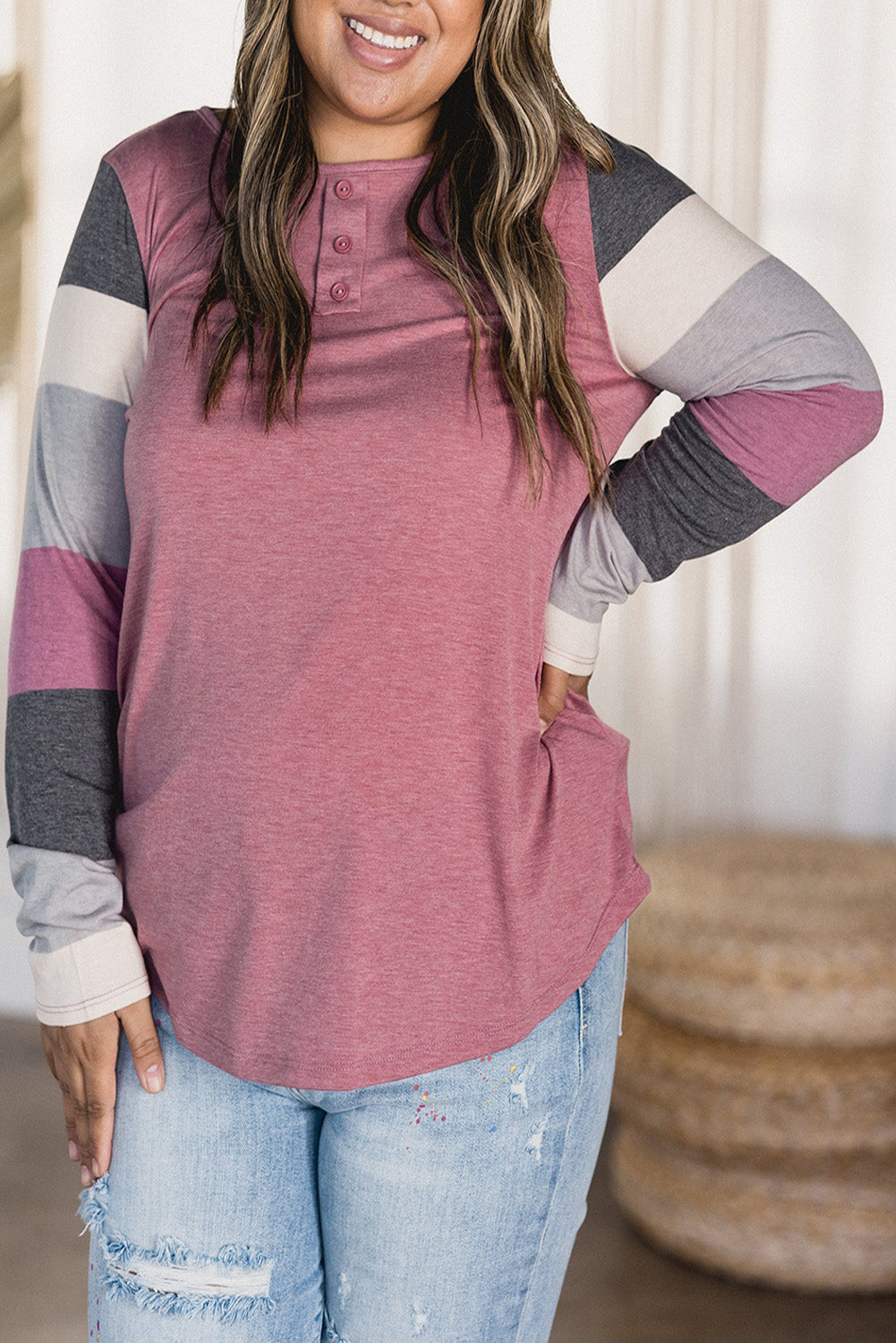 Pink Striped Long Sleeve Plus Size Henley Top Plus Size JT's Designer Fashion