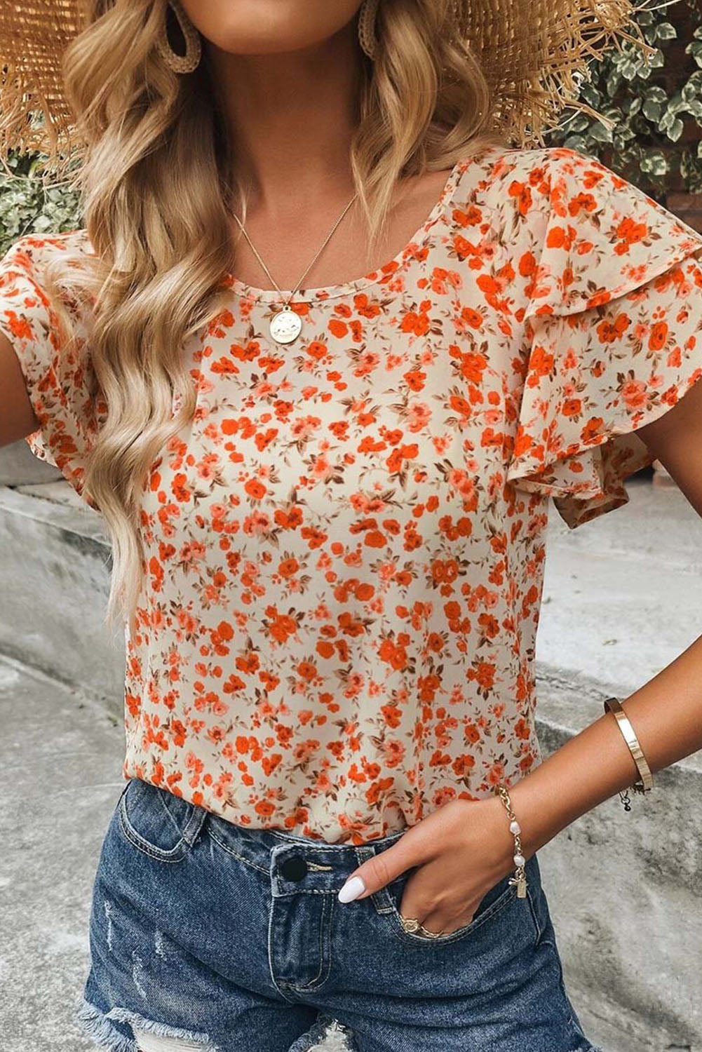 Orange Floral Tiered Flutter Sleeve Blouse Blouses & Shirts JT's Designer Fashion