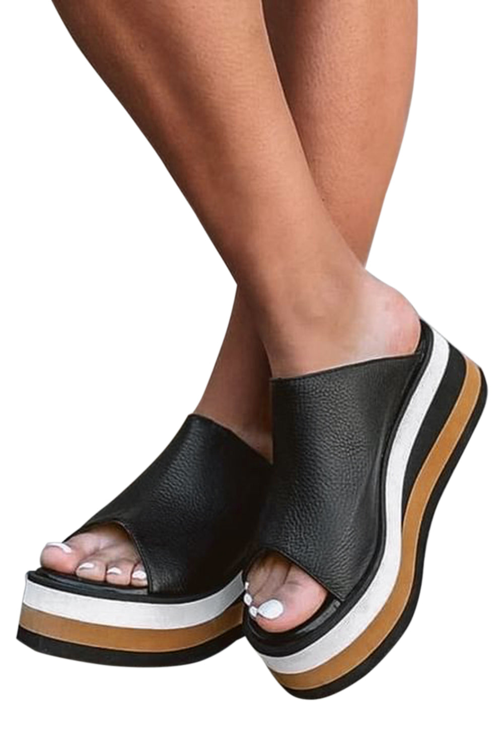 Black Color-Blocking Peep Toe Wedge Heel Sandals Slippers JT's Designer Fashion