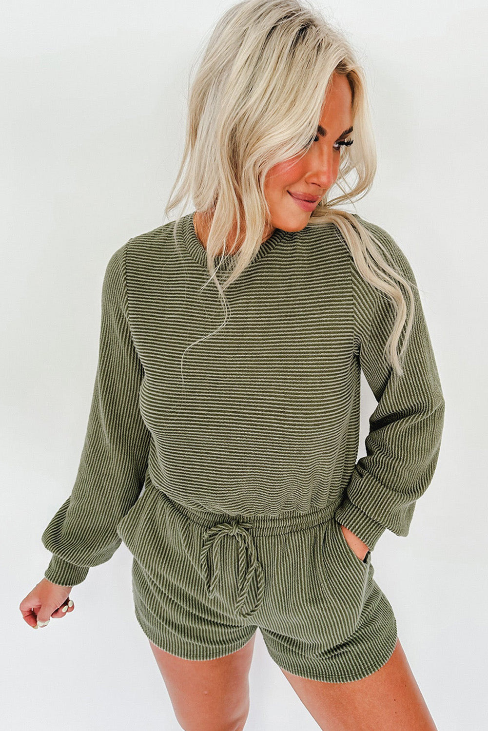 Pickle Green Corded Round Neck Long Sleeve Drawstring Romper Bottoms JT's Designer Fashion