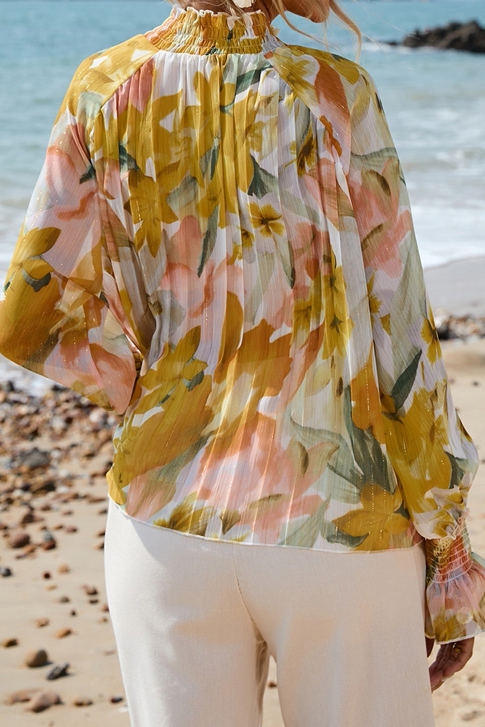 Yellow Floral Flounce Sleeve Smocked Neck Pleat Blouse Tops & Tees JT's Designer Fashion