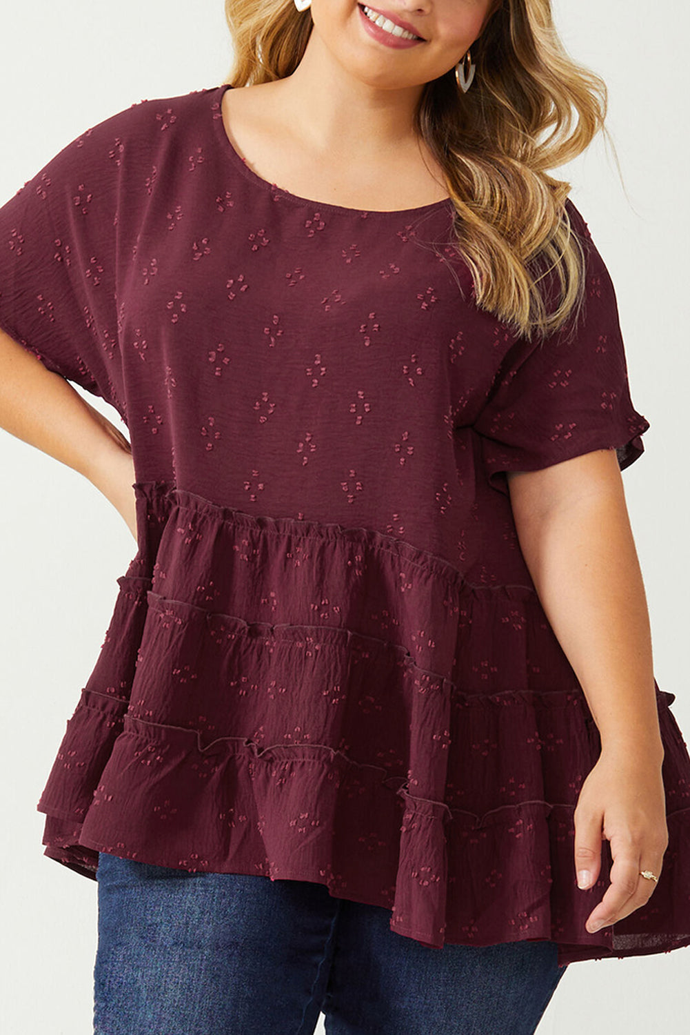 Red Plus Size Floral Embroidered Ruffled Short Sleeve Top Plus Size Tops JT's Designer Fashion