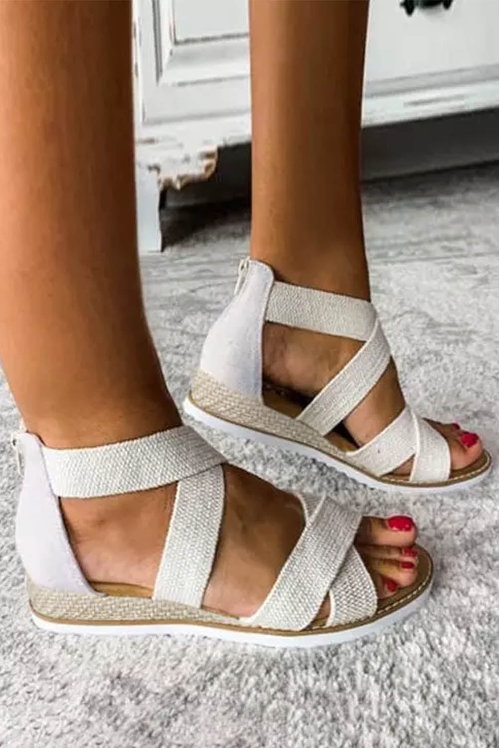 Beige Criss Cross Strappy Zipped Low Wedge Sandals Sandals JT's Designer Fashion