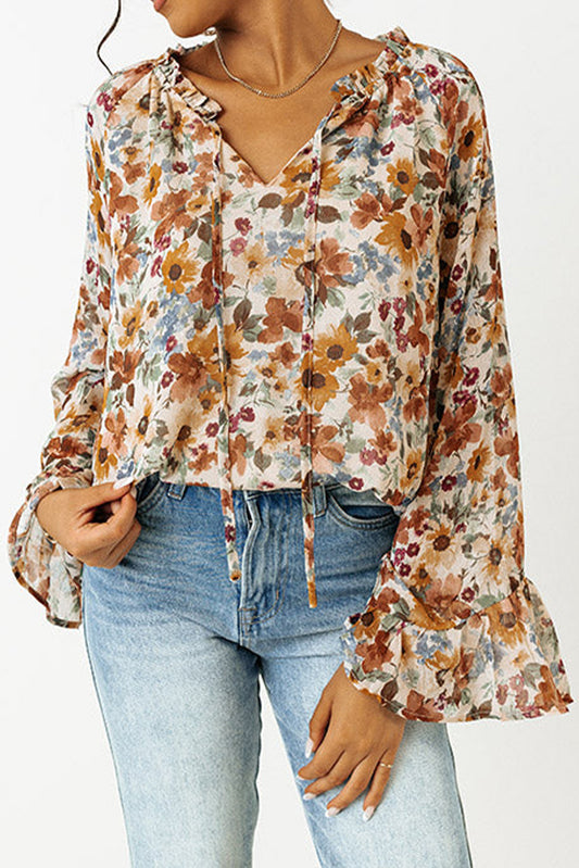 Orange Floral Print Flare Cuff Long Sleeve Blouse Blouses & Shirts JT's Designer Fashion