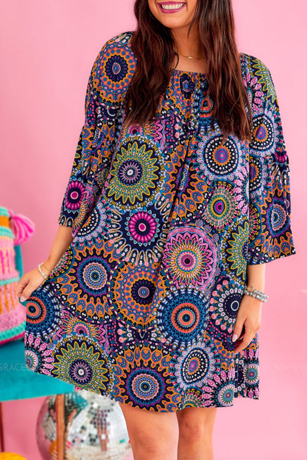 Multicolour Plus Size Paisley Print 3/4 Sleeve U-Neck Dress Plus Size JT's Designer Fashion