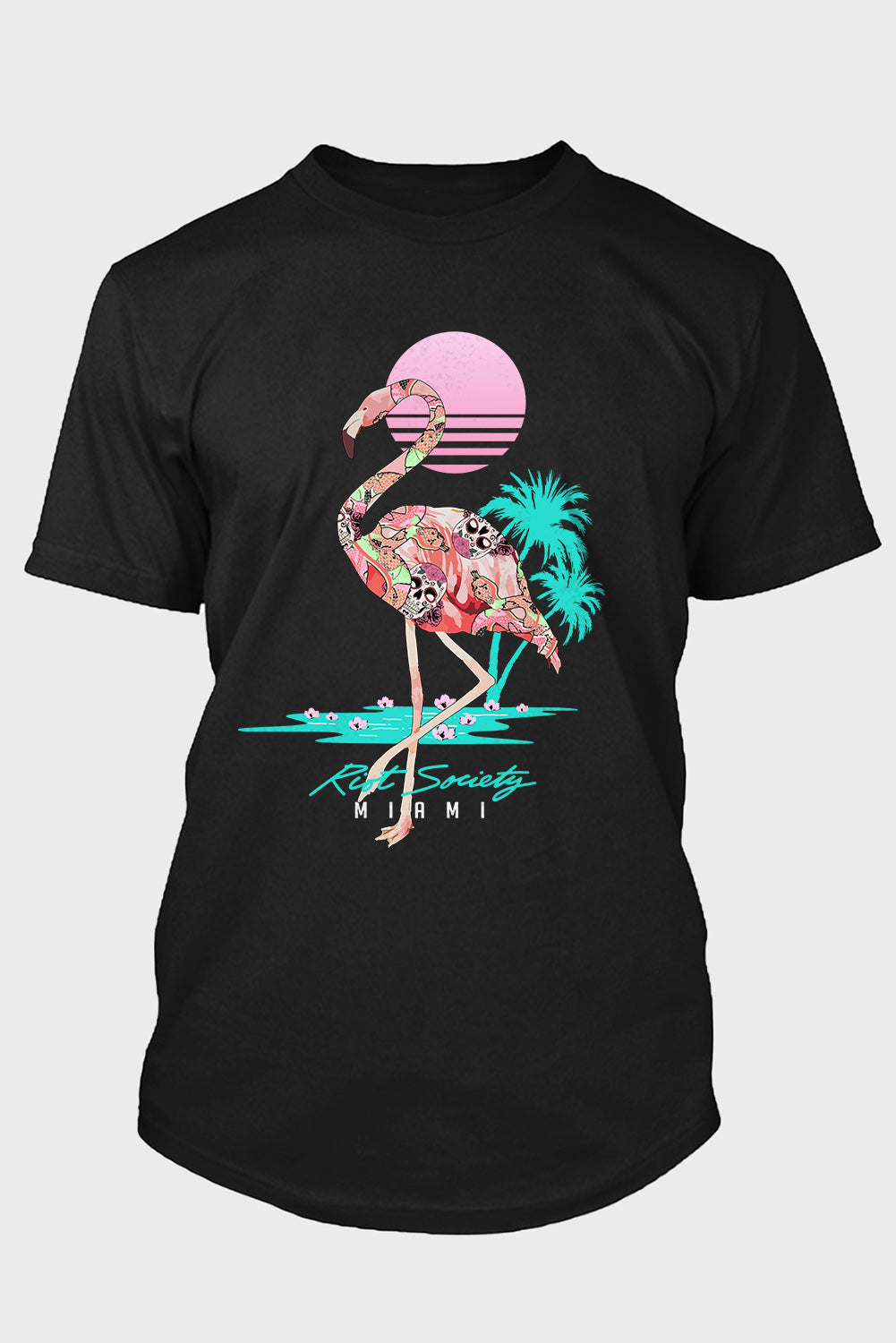 Black Men's Flamingo Letter Graphic Print Short Sleeve T Shirt Black 62%Polyester+32%Cotton+6%Elastane Men's Tops JT's Designer Fashion