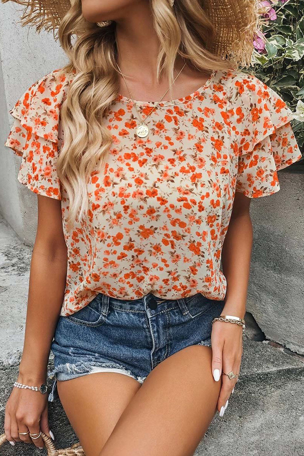 Orange Floral Tiered Flutter Sleeve Blouse Blouses & Shirts JT's Designer Fashion