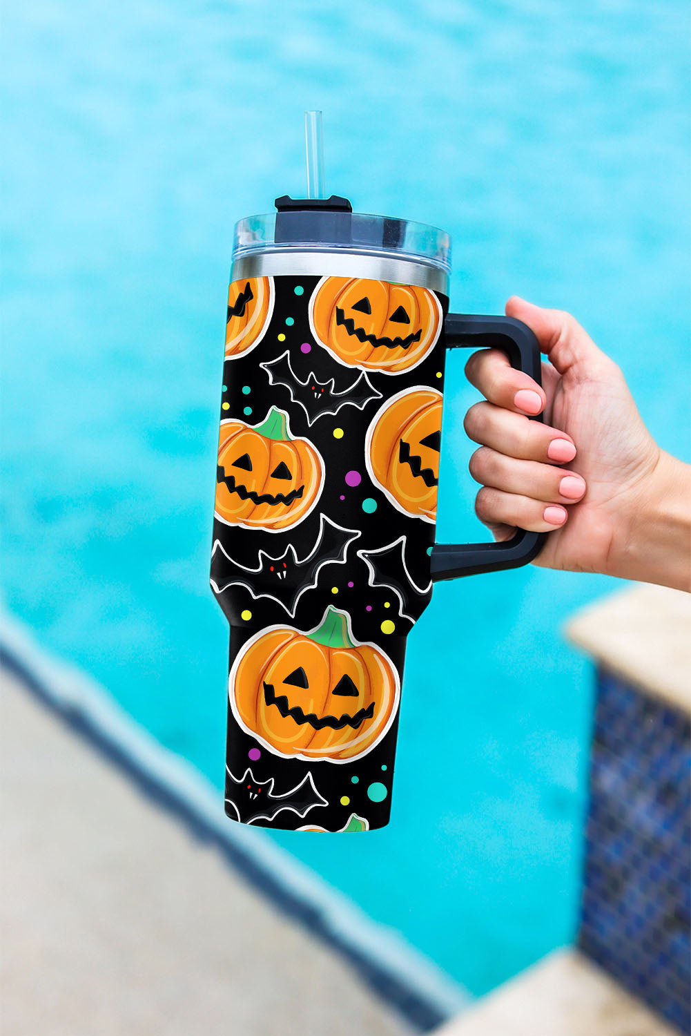 Black Halloween Pumpkin Bat Printed Tumbler with Straw Tumblers JT's Designer Fashion