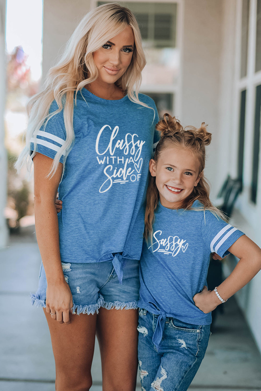 Blue Family Matching Letter Printed Tie Knot Short Sleeve Top Family T-shirts JT's Designer Fashion