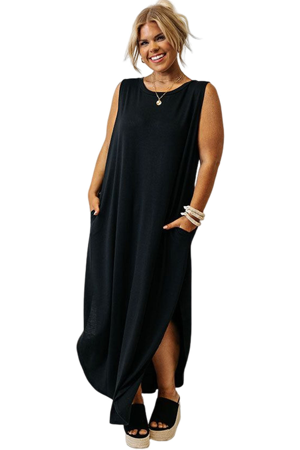 Black Plus Size Wide Sleeveless Shoulder Straps Maxi Dress Plus Size Dresses JT's Designer Fashion