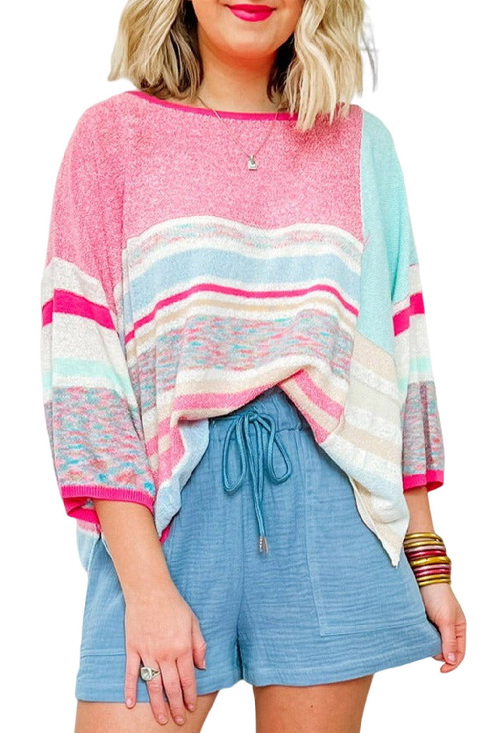 Pink Color Block Striped Three-Quarter Sleeve Knitted Top Tops & Tees JT's Designer Fashion