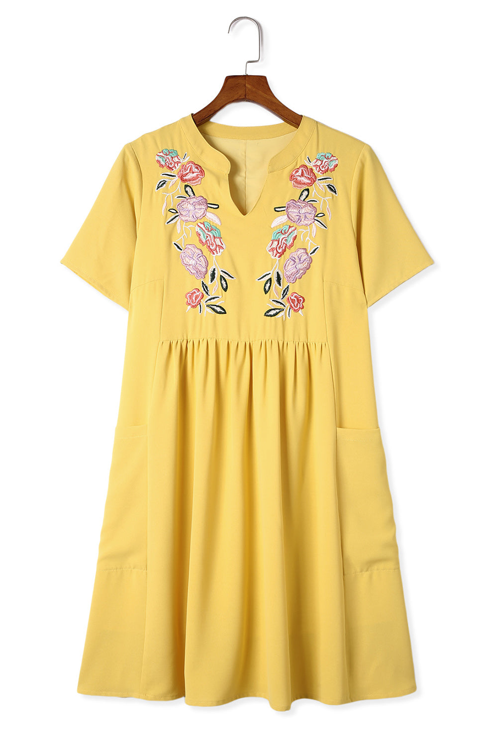 Yellow Split Neck Embroidered Floral Babydoll Swing Dress Floral Dresses JT's Designer Fashion