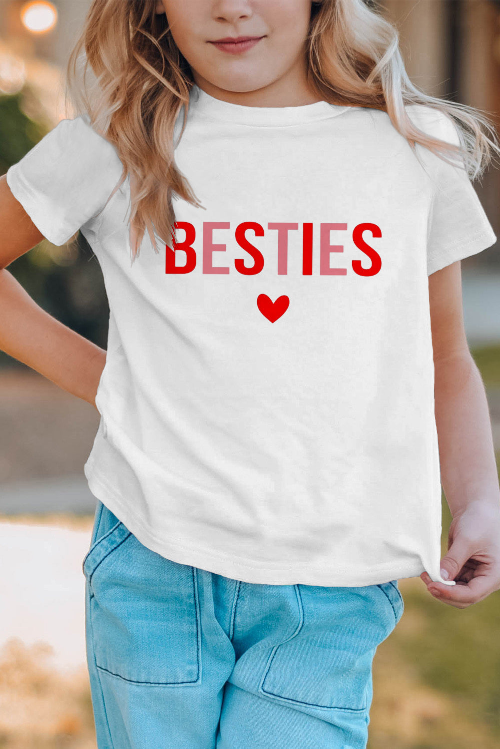 White Family Matching BESTIES Heart Print Short Sleeve Girl's T Shirt White 95%Polyester+5%Elastane Family T-shirts JT's Designer Fashion