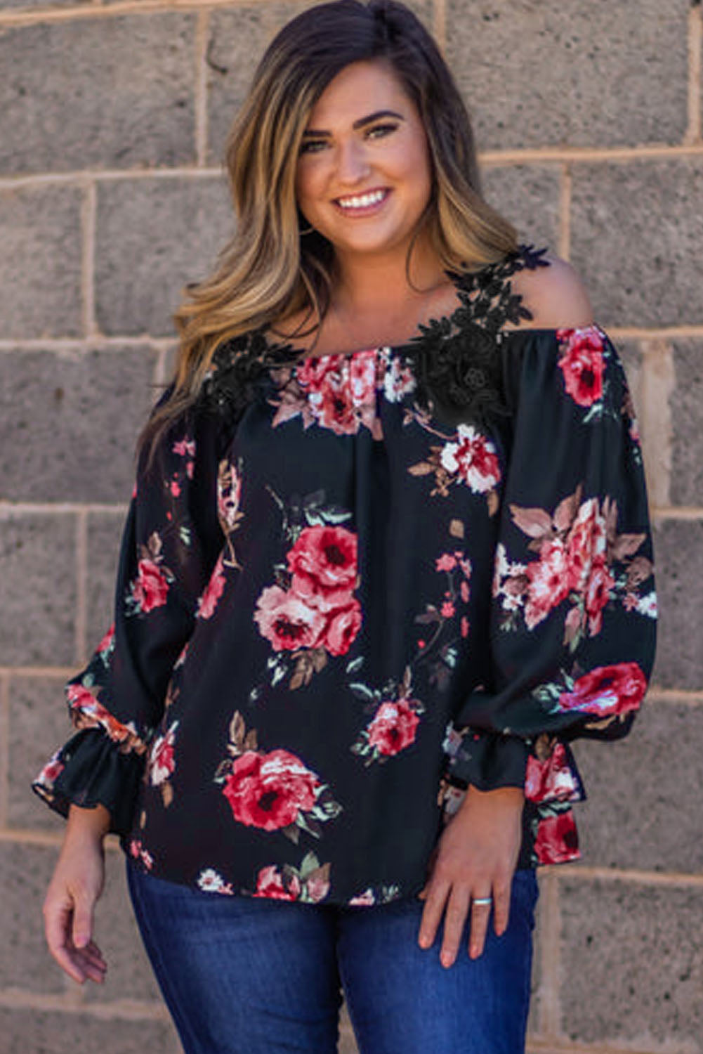 Navy Blue Plus Size Crochet Detail Cold shoulder Floral Blouse Plus Size JT's Designer Fashion