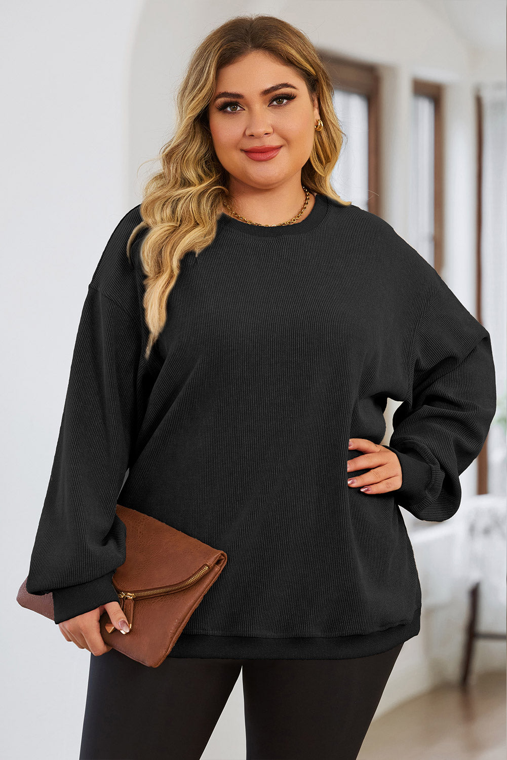 Black Plus Size Corded Round Neck Sweatshirt Plus Size JT's Designer Fashion