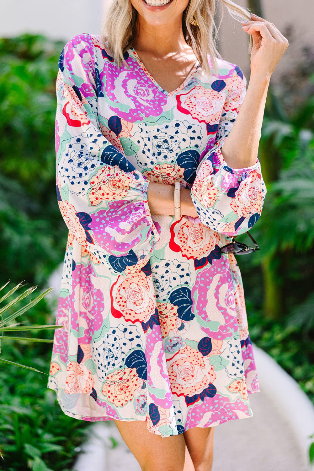 Multicolor Bracelet Bubble Sleeve Blooming Flower Print Dress Floral Dresses JT's Designer Fashion