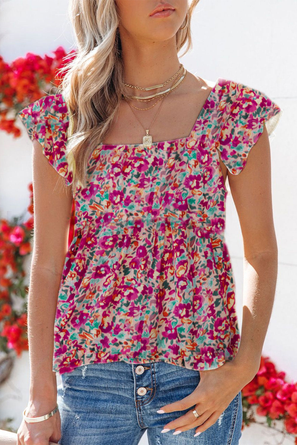 Multicolor Square Neck Floral Tank Top Tank Tops JT's Designer Fashion