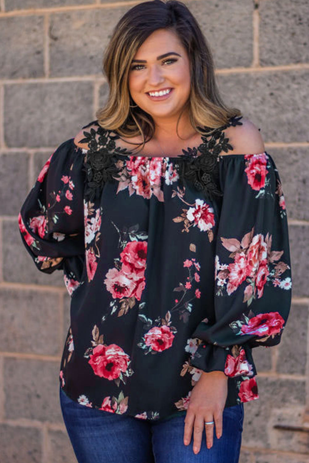 Navy Blue Plus Size Crochet Detail Cold shoulder Floral Blouse Plus Size JT's Designer Fashion