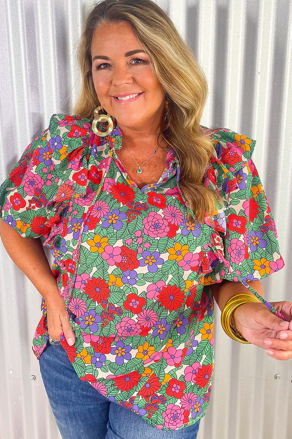 Multicolour Ruffle Trim Split Neck Plus Size Floral Blouse Plus Size JT's Designer Fashion