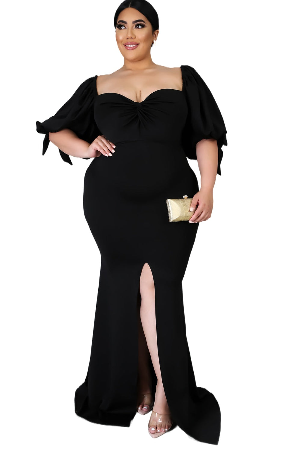 Black Bow Tie Puff Sleeve Plus Size High Slit Maxi Dress Plus Size Dresses JT's Designer Fashion