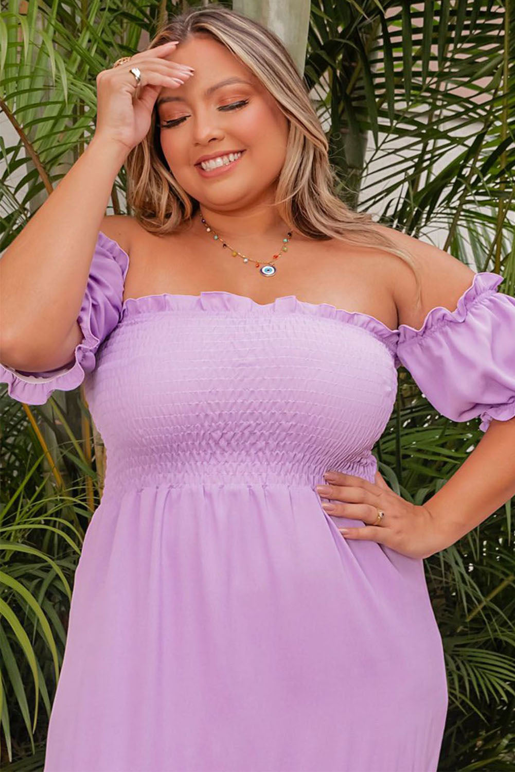 Purple Ruffled Smocked Off Shoulder Plus Size Evening Dress Plus Size JT's Designer Fashion