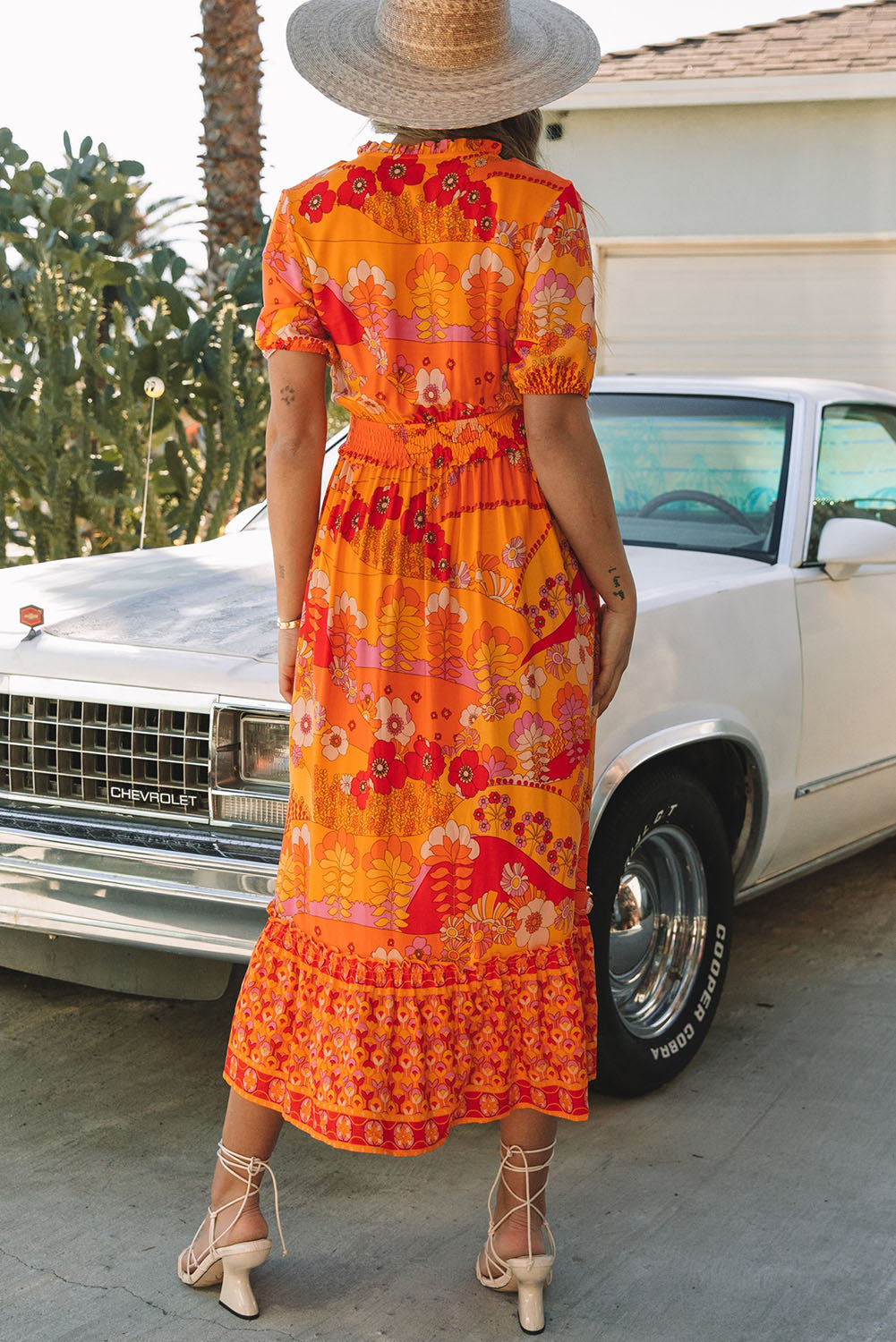 Orange Boho Floral Smocked Waist Maxi Dress with Slit Maxi Dresses JT's Designer Fashion