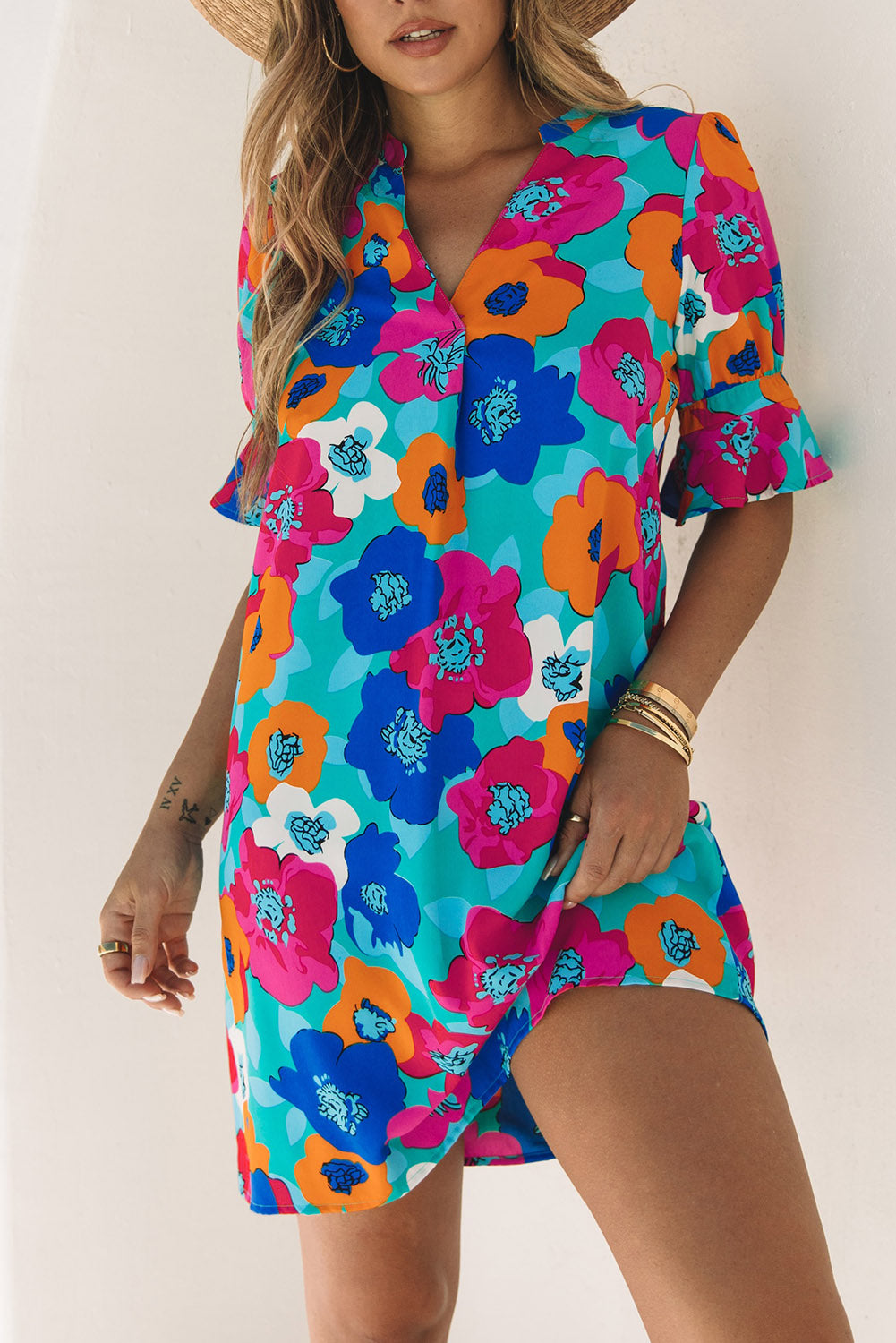 Multicolor Split V Collar Ruffle Sleeve Floral Shift Dress Floral Dresses JT's Designer Fashion