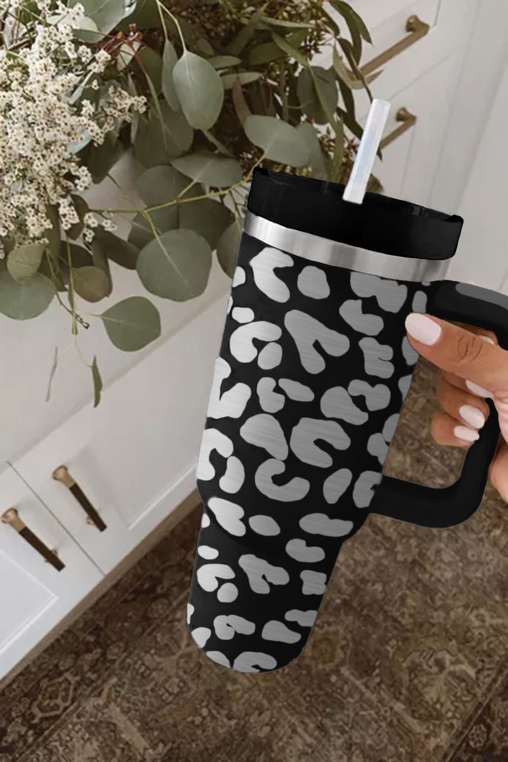 Black Leopard Print 40OZ Stainless Steel Portable Cup with Handle Tumblers JT's Designer Fashion