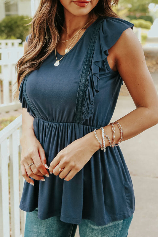 Blue Ruched Flounce V Neck Sleeveless Peplum Top Blue 95%Polyester+5%Elastane Tank Tops JT's Designer Fashion