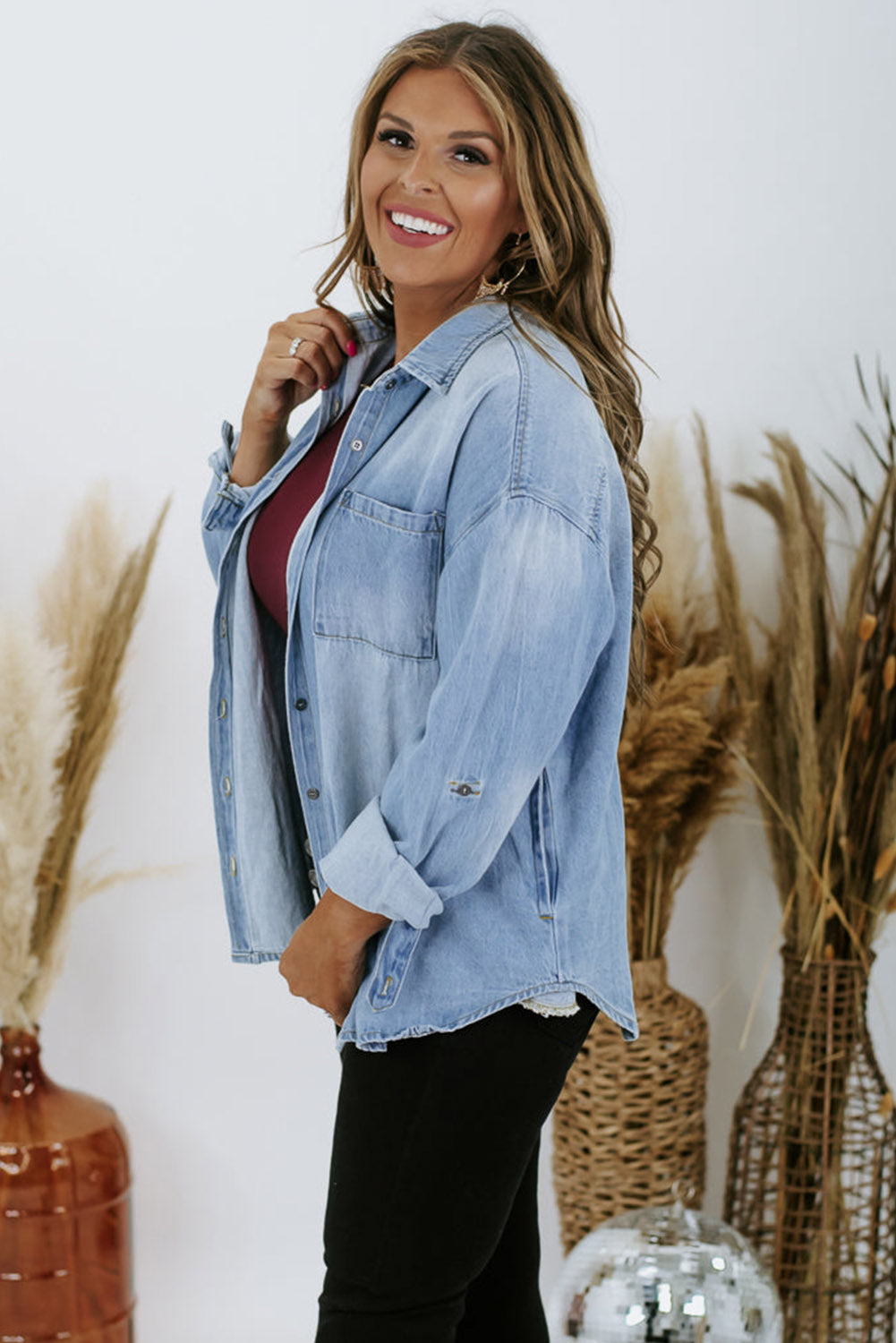 Sky Blue Plus Size Chest Pocket Button-Up Denim Shacket Plus Size JT's Designer Fashion