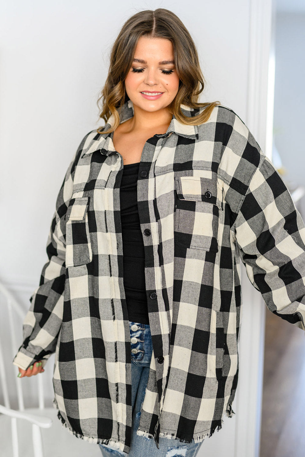 Black Plaid Elbow Patch Raw Hem Plus Size Shacket Plus Size JT's Designer Fashion