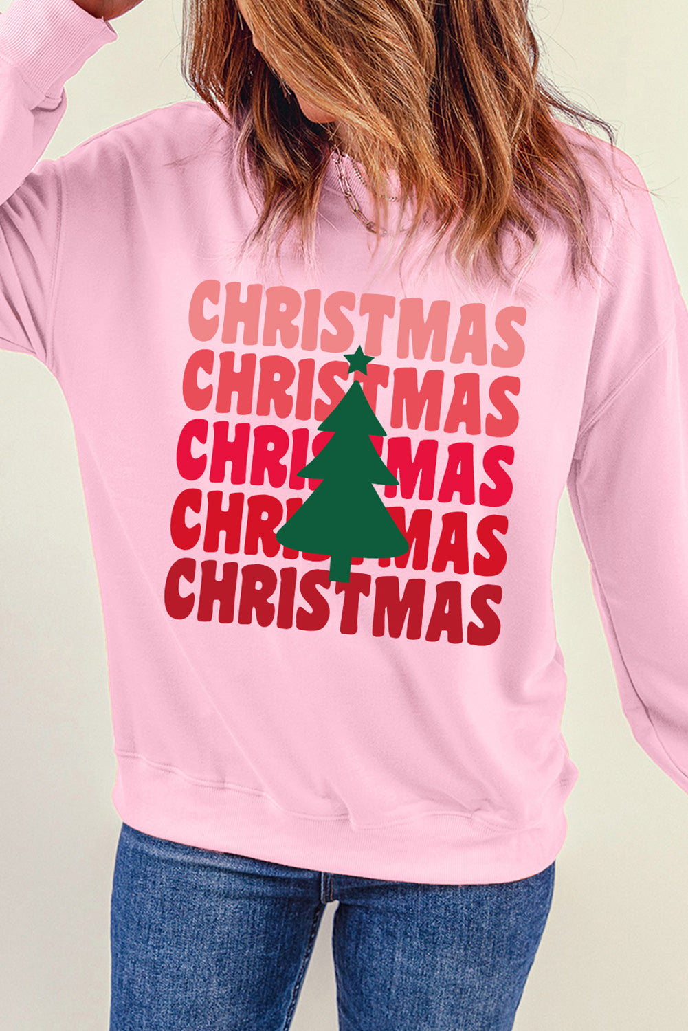 Pink CHRISTMAS Tree Print Drop Shoulder Sweatshirt Graphic Sweatshirts JT's Designer Fashion