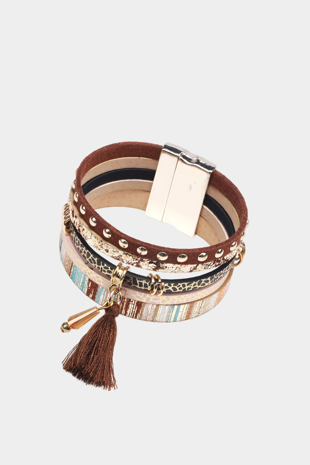 Brown Multi-layer Shining Leather Tassel Decor Bracelet Jewelry JT's Designer Fashion