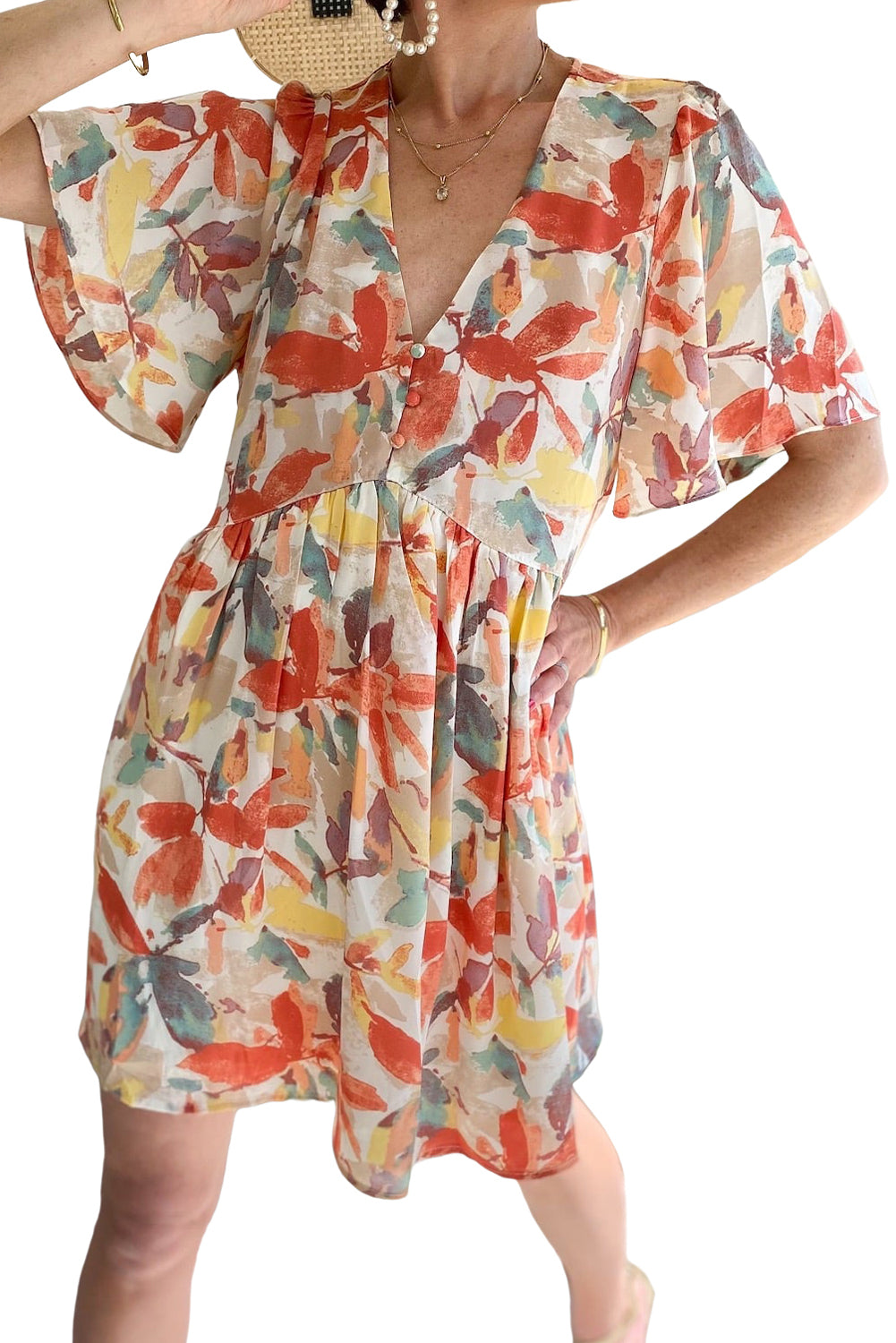 Multicolor Summer Floral Button V Neck Ruffle Flowy Dress Floral Dresses JT's Designer Fashion