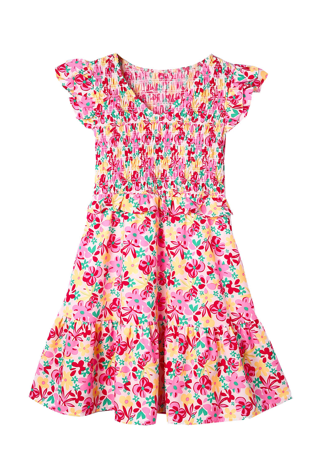 Multicolor Smocked Bodice Ruffle Trim Floral Dress Floral Dresses JT's Designer Fashion