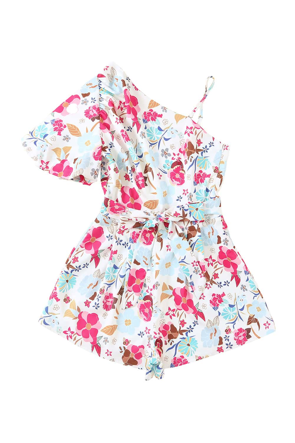 White Floral Single Bubble Sleeve Slant Shoulder Romper Jumpsuits & Rompers JT's Designer Fashion