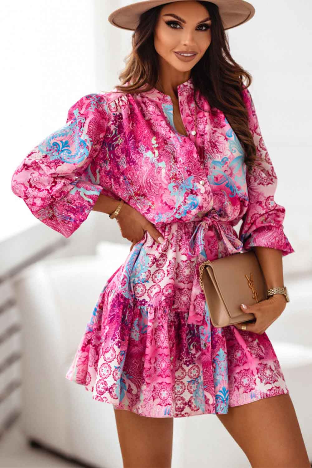 Rose Floral Long Sleeve Buttoned Waist Tie Ruffle Dress Dresses JT's Designer Fashion