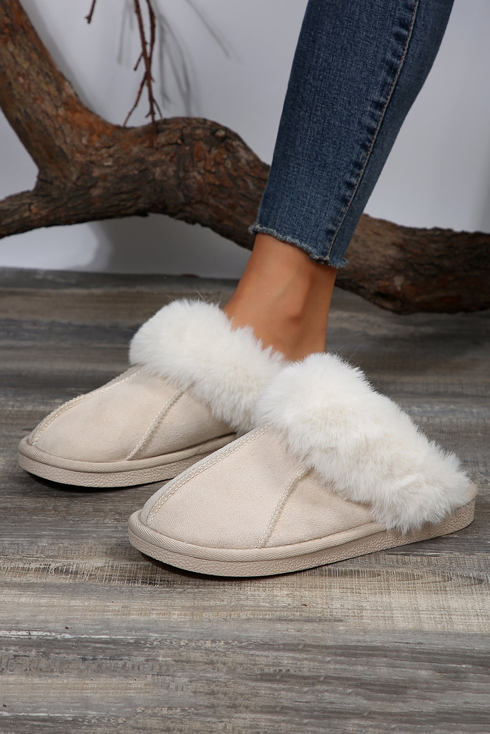 Beige Plush Lining Suede Slip On Winter Slippers Slippers JT's Designer Fashion