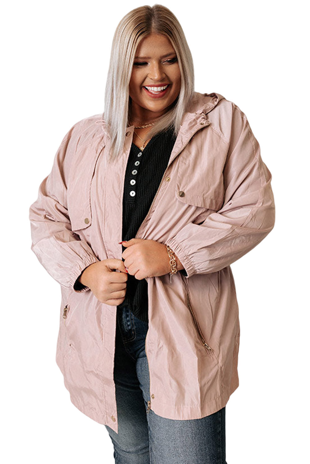 Pink Plus Size Lightweight Zipped Pockets Windproof Hooded Jacket Plus Size JT's Designer Fashion