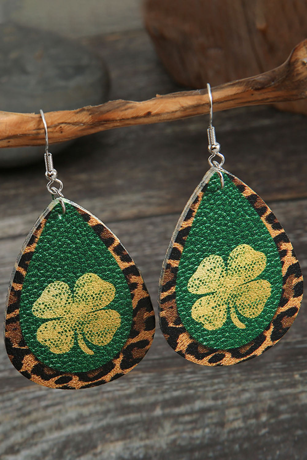 Green St. Patrick Shamrock Leopard Faux Leather Earrings Jewelry JT's Designer Fashion