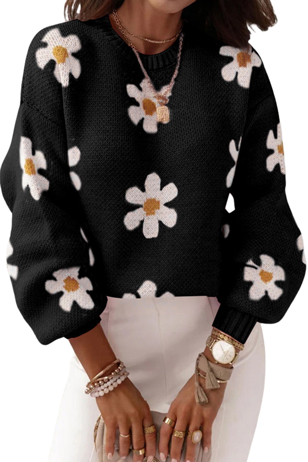 Black Pink Floral Pattern Drop Shoulder Sweater Pre Order Sweaters & Cardigans JT's Designer Fashion