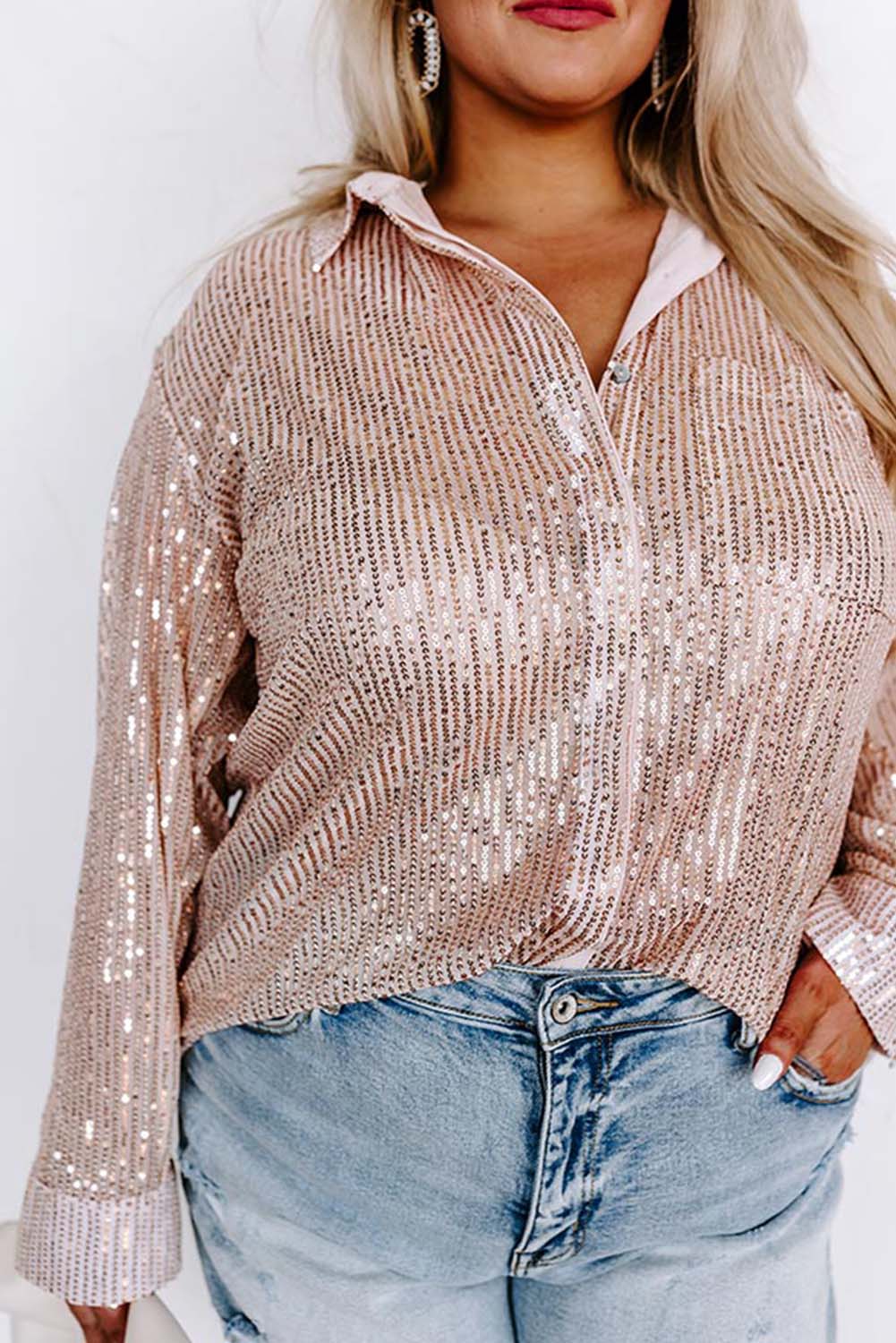 Apricot Sequin Long Sleeve Button-Up Plus Size Shirt Plus Size JT's Designer Fashion