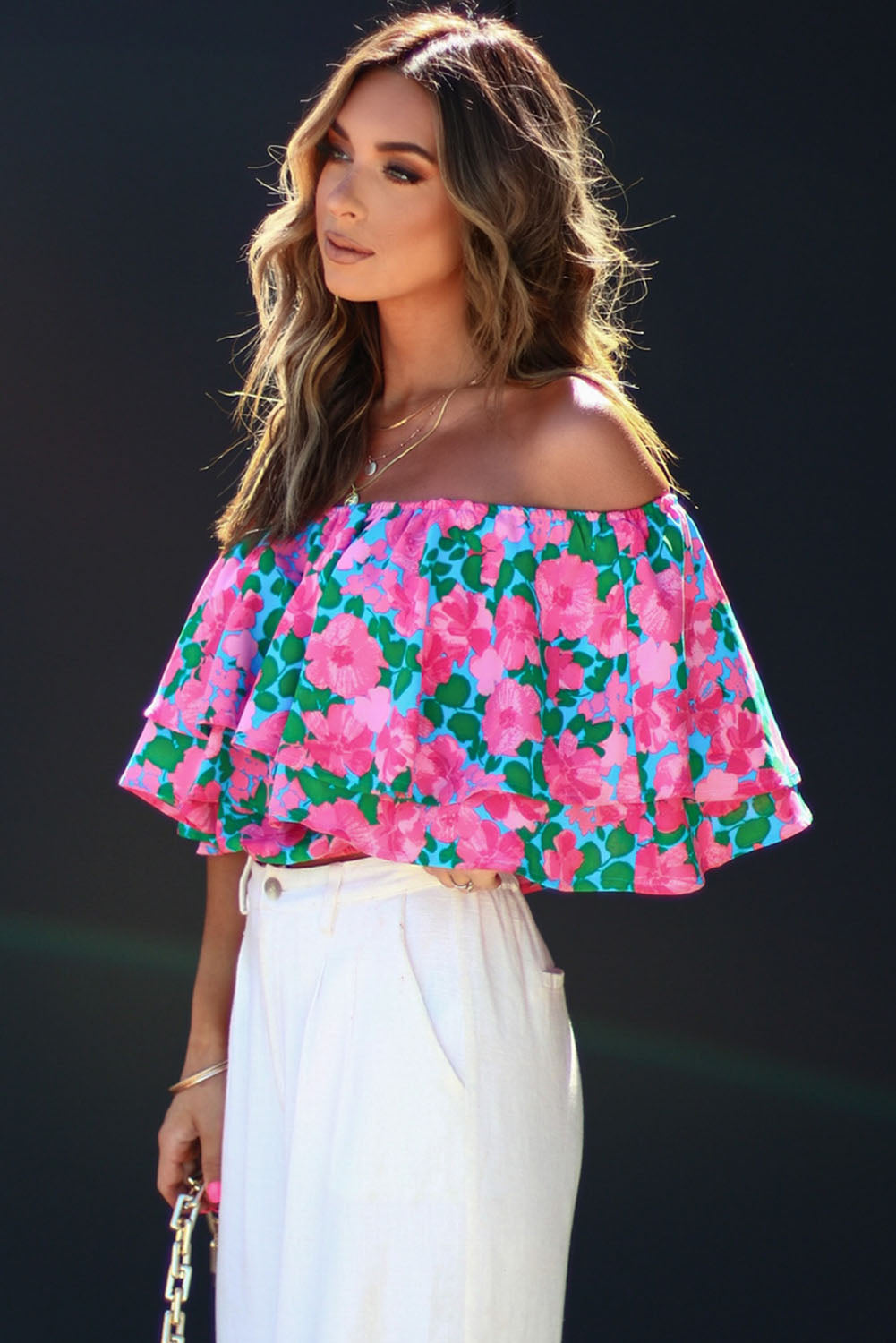 Rose Botanical Paradise Floral Off The Shoulder Ruffle T Tops & Tees JT's Designer Fashion