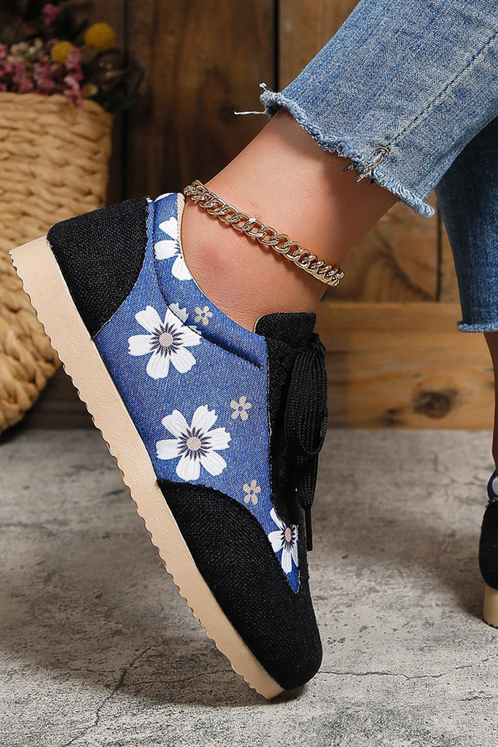 Black Floral Patchwork Lace-up Linen Sneakers Women's Shoes JT's Designer Fashion