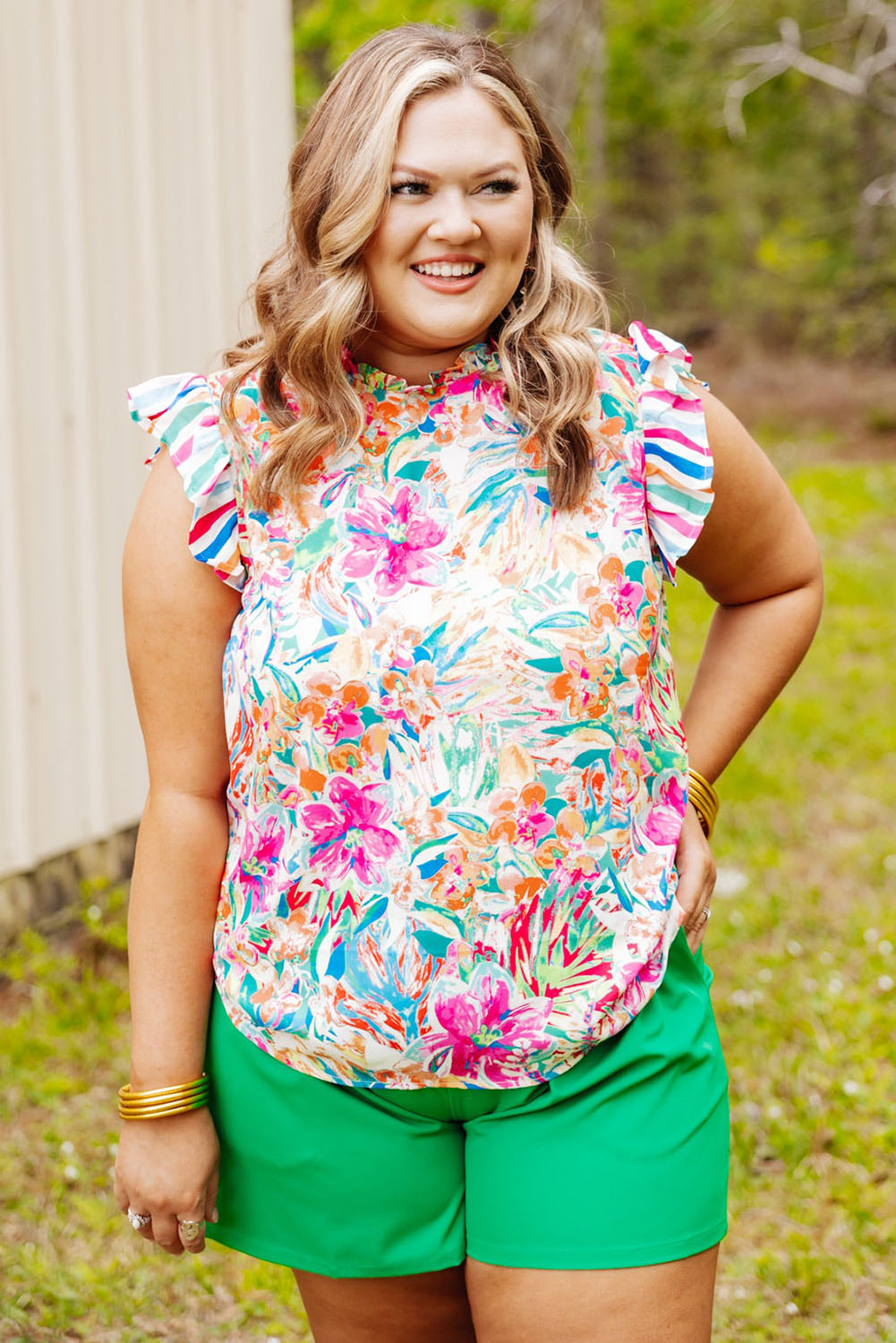 Multicolor Plus Sizie Striped Ruffle Sleeve Floral Blouse Plus Size JT's Designer Fashion