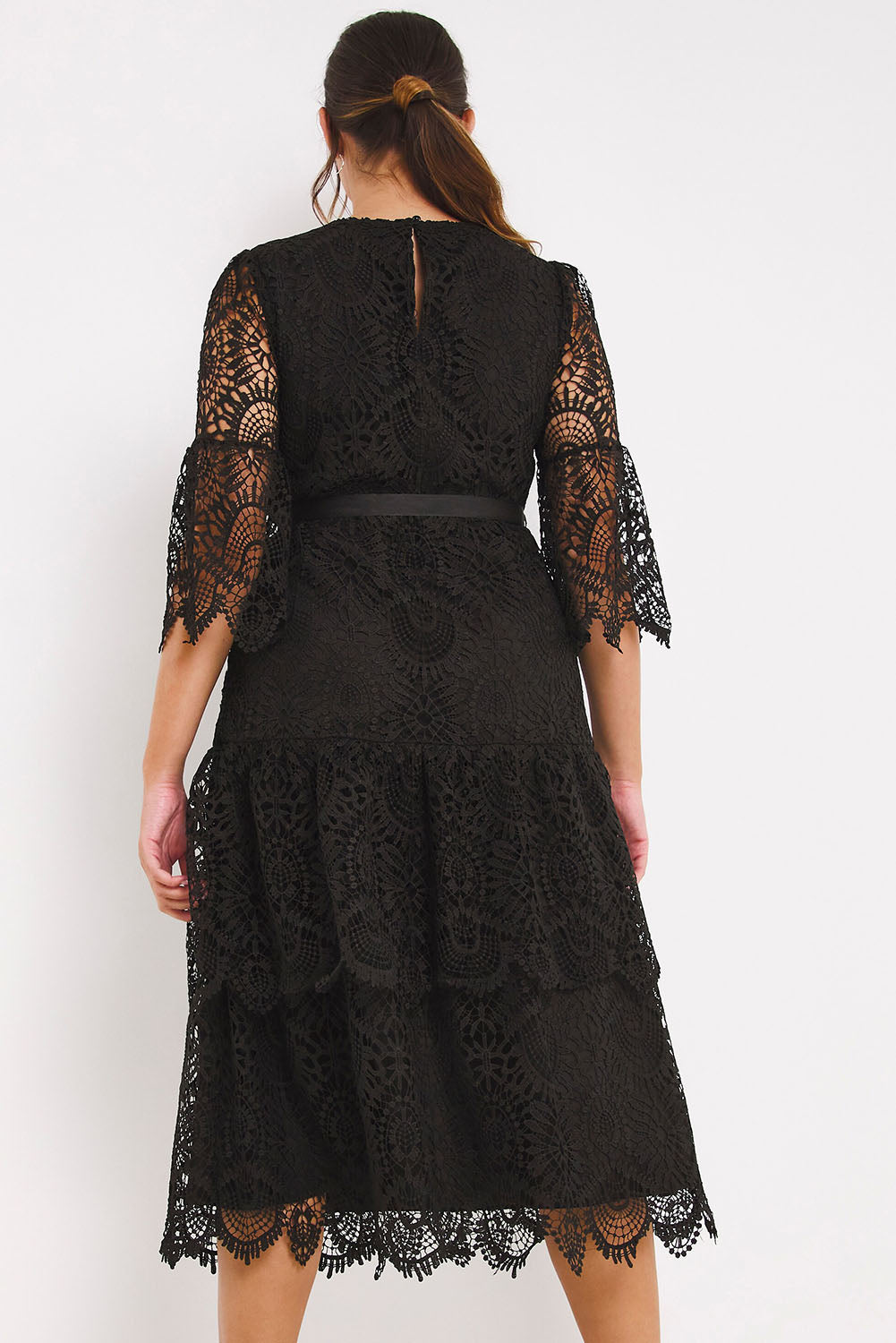 Black Plus Size 3/4 Sleeves Lace Lined Midi Dress with Belt Plus Size JT's Designer Fashion