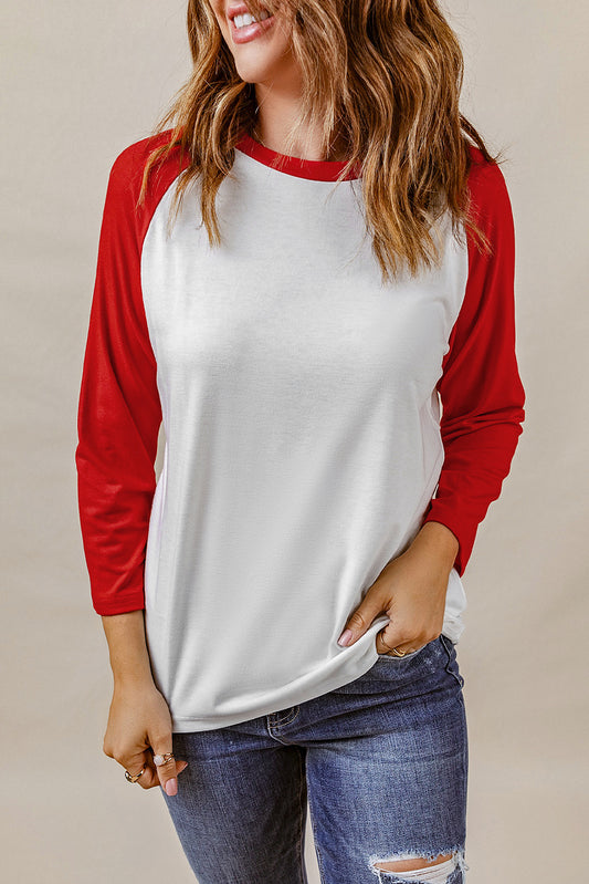 Red Color Block Raglan Sleeve Pullover Top Red Knit Long Sleeve Tops JT's Designer Fashion