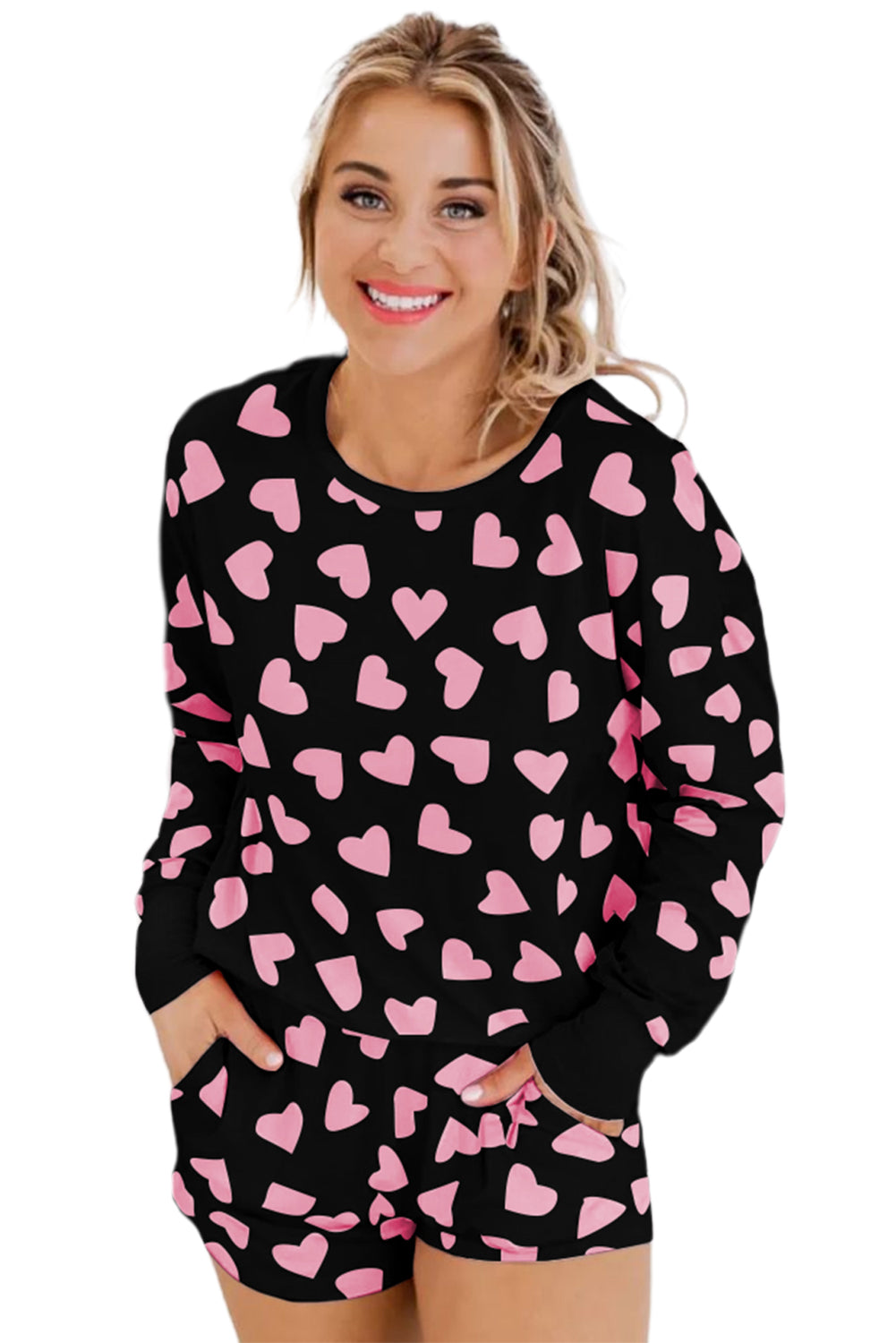 Black Heart Shape Print Long Sleeve Top Shorts Lounge Set Loungewear JT's Designer Fashion